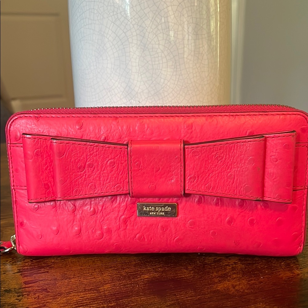 EUC Kate Spade Pink Ostrich Leather Long Full Zip Wallet